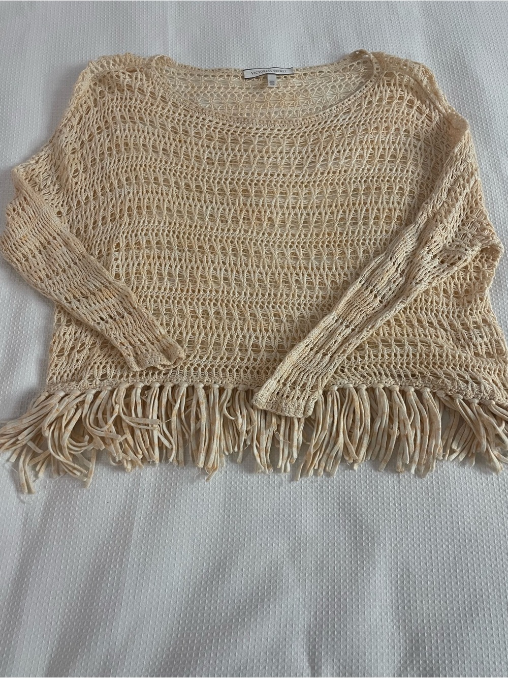 Victorias Secret size Small Fringed Open-Knit Sweater Pullover— cream and orange